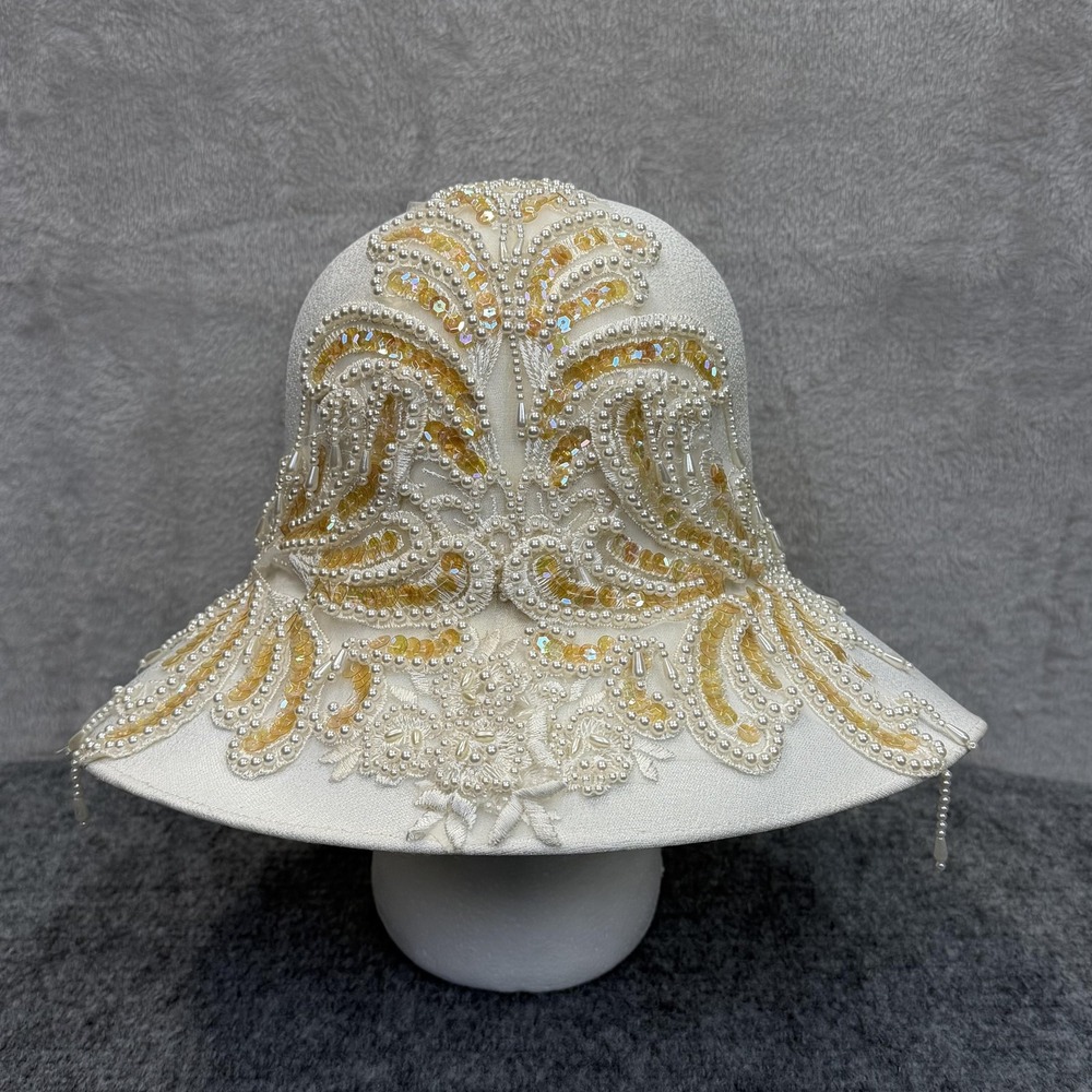 VTG Church Hat Cloche Womens White Satin Beaded Sequin Tasseled Derby Wedding
